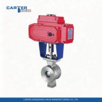 Vanne à boisseau sphérique motorisée de type Carter pour le contrôle de débit et la régulation des liquides agressifs (pâte, papier), en acier WCB, à bride, Exd OEM