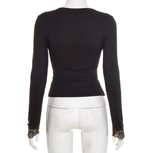 Viviblook Y25TP428 camiseta de mujer otoño nuevo cuello en V encaje empalme manga larga Top para damas - Product Image 3