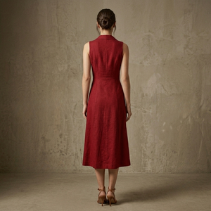 Robe fourreau midi rouge sans manches à col cranté avec boutons sur le devant et fente, en mélange lin-coton, vente en gros - Product Image 3