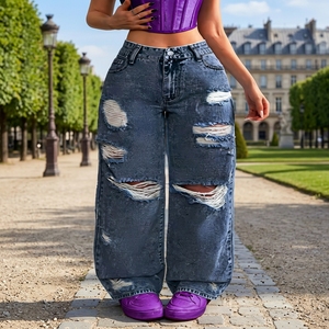 <span class=keywords><strong>Jeans</strong></span> de Mujer Vintage de Cintura Alta y Pierna Ancha con Rasgaduras, Cierre de Cremallera, para Uso Casual y Diario - Product Image 1