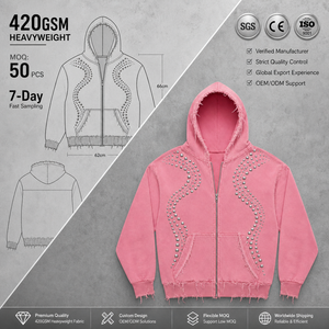 Sweat-shirt unisexe rose à capuche zippé avec strass, en coton molletonné épais 420 GSM, style décontracté automne, ODM - Product Image 1