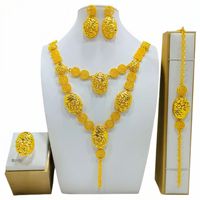 Parures de bijoux permanents tendance en or plaqué pour l'Arabie Saoudite, 4 pièces : bague de mariage, bracelet, collier et boucles d'oreilles de style Dubaï