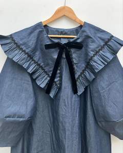 Ropa informal a la moda para mujer, vestido con mangas acampanadas, cuello <span class=keywords><strong>marinero</strong></span>, lazo delantero, Chambray, vestido azul holgado - Product Image 3