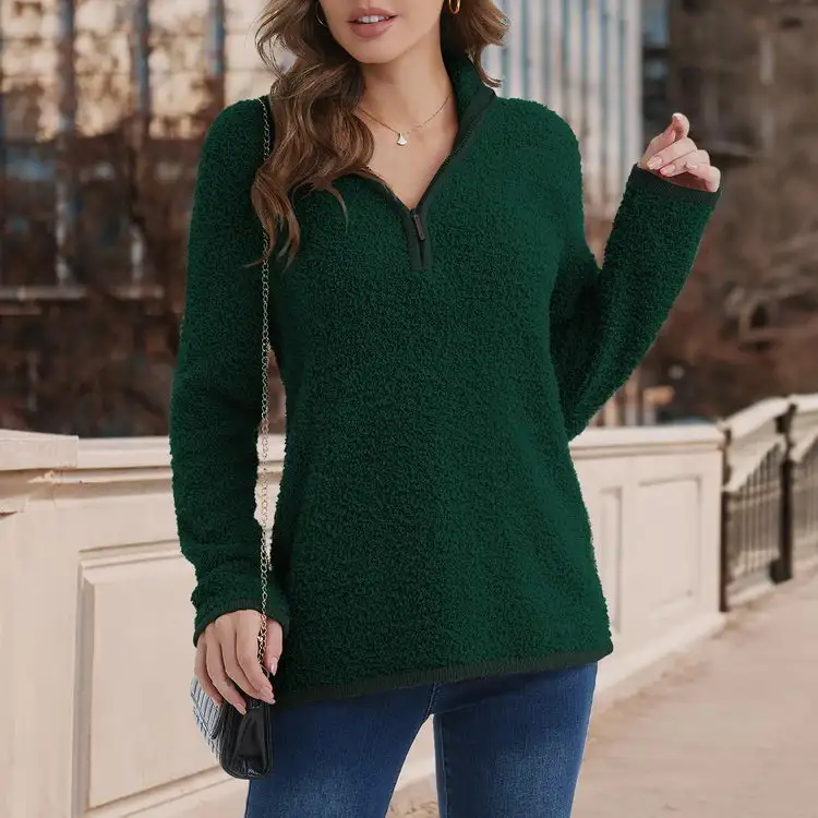 Женский 1/3 вязаный свитер на молнии, повседневный Однотонный пуловер с длинными рукавами, темно-зеленый осенний наряд