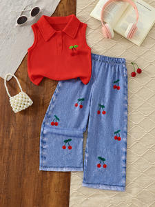 Ensemble <span class=keywords><strong>deux</strong></span> pièces d'été pour <span class=keywords><strong>filles</strong></span>, motif cerise, haut sans manches doux, pantalon <span class=keywords><strong>en</strong></span> faux jean, imprimé dessin animé, tenue décontractée mignonne pour <span class=keywords><strong>filles</strong></span> - Product Image 3