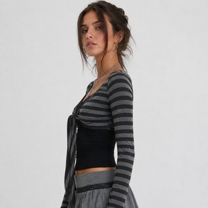 Trendy Y2K Streetwear Slim Fit Knitted 2Pcs Set Lace Trim Cami <b>Top</b> + Long Sleeve <b>Crop</b> <b>Top</b> for Women Casual Party Outfit - Product Image 2