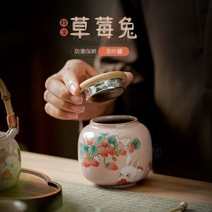 Recipiente hermético de cerámica para té con tapa de madera, forma redonda para uso doméstico, frasco de almacenamiento a prueba de humedad con diseño de conejo - Product Image 3