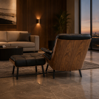 Fauteuil lounge en bois courbé de style mid-century moderne en noyer avec repose-pieds |    Fauteuil en cuir avec coque en contreplaqué et repose-pieds pour penthouse