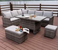 Garten-Ecksofa Outdoor-Möbel Terrassen-Rattan-Essgruppe Rattan-Garten-Sektionalsofa mit Höhenverstellbarem Tisch