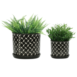 Vasi moderni in ceramica per piante con motivo a pois bianchi, set di due vasi neri per interni ed esterni con sottovasi. - Product Image 2