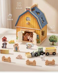 Wooden Farm House <b>Set</b> 25Pcs Red Barn <b>Building</b> Toy With Animals Horse Tractor <b>Blocks</b> Kit Game for Kids - Product Image 3