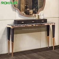 Console moderne italienne en marbre doré avec tiroir pour bijoux, miroir intégré, table de console de luxe pour couloir, armoire de salon de villa