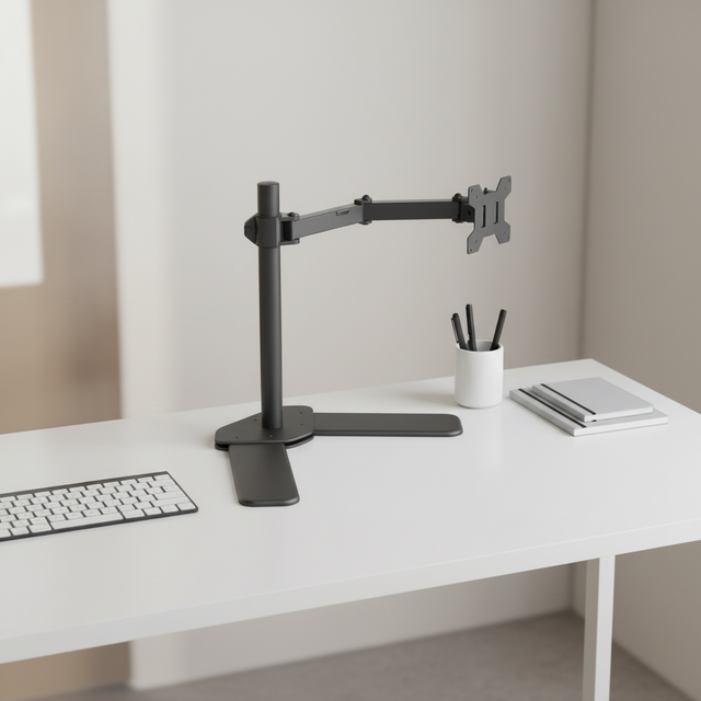 Steel Tabletop Single Monitor Stand 10''-27'' Inch Movable Base with Long Arm Support VESA 50-100mm CE Certified