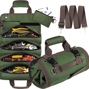 <b>Roll</b> Toolkit <b>Tool</b> Bag With 15-19 Pockets Zipper Closure Removable Strap For Gardening Electrical Woodworking Car Repair - Product Image 1