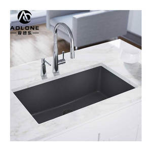 Évier de cuisine en pierre de quartz noir à une cuvette avec robinet rectangulaire Installation sous le comptoir Matériau en granit - Product Image 3