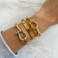 BM49486 Bracelet empilable en acier inoxydable avec chaîne épaisse à maillons trombone, fermoir mousqueton à vis, fermoir fer à cheval et breloque U Lock, bijoux équestres