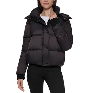 Unisex Black Puffer <b>Jacket</b> Cotton Filling Windproof Hooded Zipper Closure Casual Winter Wear Short Length <b>Slim</b> <b>Fit</b> Eco-friendly - Product Image 1