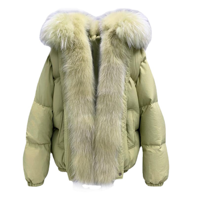 Fashion best quality lightweight white purple black duck dressy short fox fur coat  with goose fur hat  jacket women's down coat