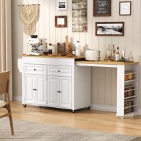 Îlot de cuisine mobile extensible avec table à manger et prise électrique, doté de 2 tiroirs de rangement et de 3 rangées d'étagères ouvertes