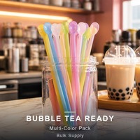 Cuillère-paille jetable en plastique PP 2-en-1 pour boissons, agitateur et paille pour bubble tea, milk tea, avec tête de cuillère lisse, multicolore