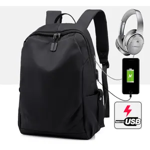 GODSPEED Tas Ransel USB Santai Wanita, Tas Punggung Kain Oxford Hitam Kasual Mendaki Gunung