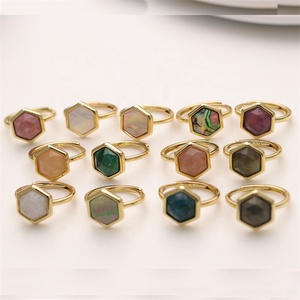Bague personnalisée en pierre naturelle sertie clos, plaquée or, en laiton, avec pierre précieuse hexagonale, pour <span class=keywords><strong>femme</strong></span> - Product Image 1