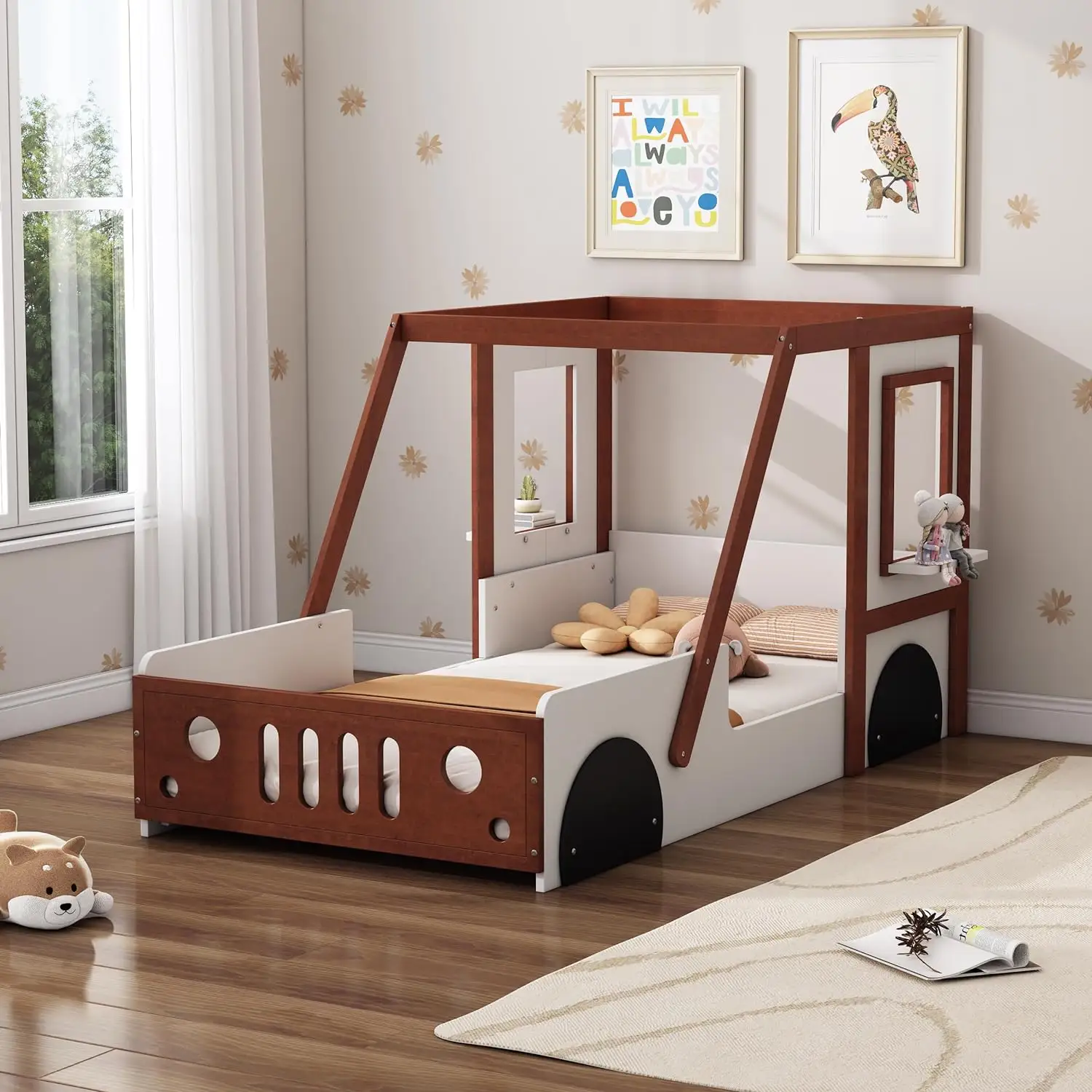 Twin Car Bed Frame for Kids Wood Platform Bed in Car-Shaped with Wheels and Door Design Boys Girls Fun Play