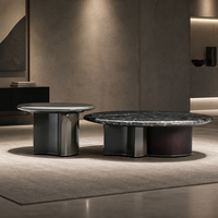 Ensemble de tables basses modernes de luxe en pierre naturelle verte, placage de bois fumé, tables rondes gigognes, base en acier inoxydable miroir