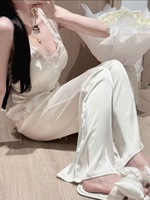 Pyjama d'été élégant pour femme, style français, taille élastique, en soie glacée, sexy, col en V, dentelle, ensemble 2 pièces, caraco en satin lisse