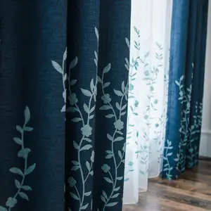 100% poliéster azul bordado floral cortina