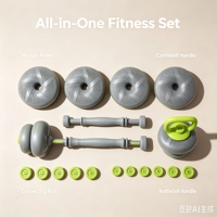 Ensemble d'haltères souples réglables 3-en-1, barre de musculation et kettlebell convertibles, capacité 40 kg, rempli de sable de fer, anti-collision