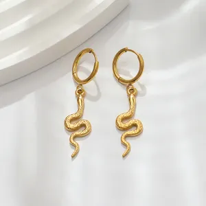 Fashion Stainless Steel Snake Drop Earrings For Women Statement Jewelry Waterproof 18K Gold Plated Charm Pendant Hoop Earrings