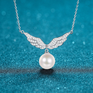 Collier en argent S925 avec moissanite, chaîne de clavicule, perle sans défaut de 10 mm, aile d'ange, bijoux de mariage pour femmes, personnalisation - Product Image 1
