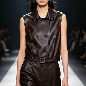<span class=keywords><strong>Gilet</strong></span> slim en cuir de mouton tanné végétal avec ceinture et revers pour femme, collection Printemps 2026, modèle HN6146-1 - Product Image 2