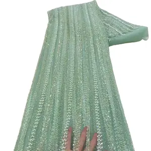 优质材料双欧根纱蕾丝亮片薄纱蕾丝材料尼日利亚连衣裙刺绣串珠面料