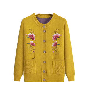 Cardigan en tricot épais respirant pour femme, à manches longues, col rond, style vintage, avec broderie florale violette - Product Image 5