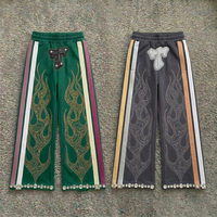 Pantalon de survêtement à motif flamme en strass, coupe large, rayé, style streetwear, ample, rétro, vintage, pour hommes