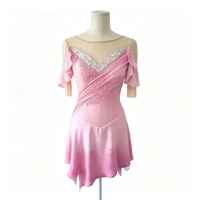 Robe de patinage artistique rose dégradé à épaules dénudées et manches volantées, col en V, ornée de strass faits à la main, en maille, pour enfants et filles, danse sur glace