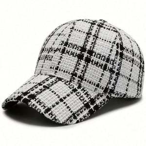 Gorro de Tweed a Cuadros Blanco y Negro para Mujer, Otoño e Invierno, Gorra de 6 Paneles, Gorra Deportiva de Moda para Mujer, Gorra de Béisbol - Product Image 4