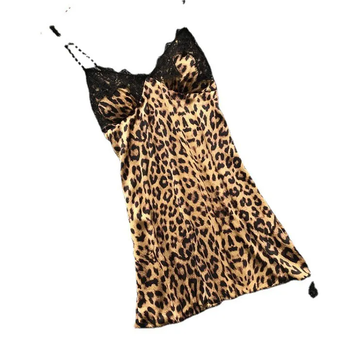 Leopard print pajamas spring and summer lace leopard print sexy pajamas women silk suspenders sleep skirt with breast pad gather