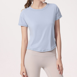 Camiseta de yoga transpirable de malla para mujer al por mayor, top deportivo de manga corta con dobladillo curvo y holgado, camiseta transpirable para correr y pilates - Product Image 4