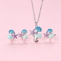 Nouveau Collier, Boucles d'oreilles et Bague Ajustable en Alliage Plaqué Rhodium, Motif Coquillage, Conque et Étoile de Mer, Colorés et Tendance pour Enfants