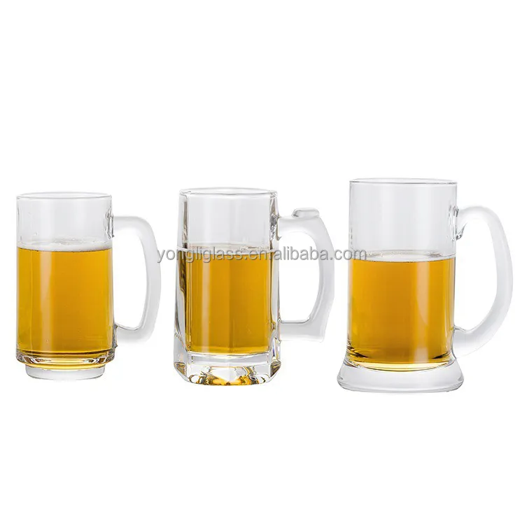 कस्टम डिकल्स लोगो ग्लास बीयर मग क्लासिक बिग वॉल्यूम ड्रिंकिंग कप हैंडल के साथ पब बार होम उपहार के लिए बीयर ड्रिंकिंग ग्लास