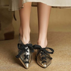 Big Size 44 Women Flat <b>Heels</b> Sandals Front Cross Lace up Ballet Shoes Pointed Toe Office Lady Metal Circles Decor Pumps - Product Image 3