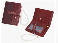 Dompet Kecil Wanita Gaya Instagram untuk Pelajar, Aksen Mutiara Kontras, Ritsleting Pendek, Bahan PU Tahan Air dengan Lapisan Poliester