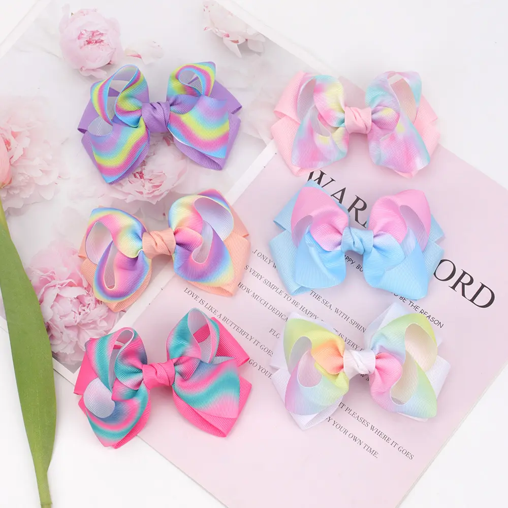 4 Inch Ribbon Hair Bows For Kids Rainbow Gradient Colorful Bows Hairgrips Tie Dye Hair Accessories Hair Clips For Girls
