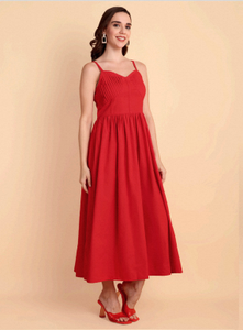 Vestido de Mujer Rojo Sólido con Estampado Floral y Rayas, Corte en A, 100% Algodón, Ecológico, Elegante, Moderno, Ajustado a la Cintura, Cómodo - Product Image 2