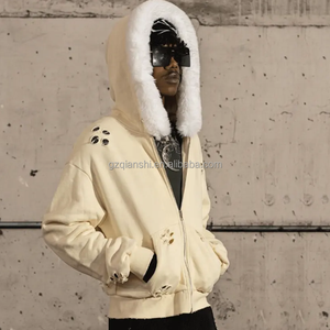 Hochwertige benutzer definierte bestickte Winter Zip Jacke Distressed Cropped Zipup Hoodies Schwere Unisex Pelzmütze Ripped Zip Up <span class=keywords><strong>Hoodie</strong></span> - Product Image 4