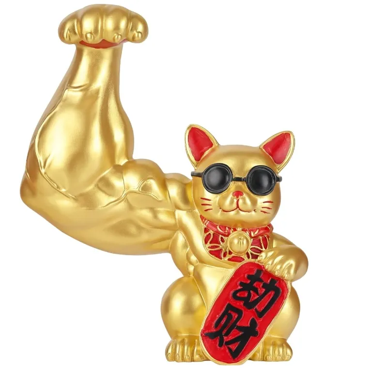 Reçine sevimli hayvan altın kas kol şanslı kedi el sanatları ev heykeli