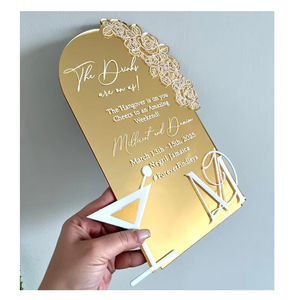 Logotipo personalizado con forma de espejo cortado con láser, lámina dorada, acrílico, tarjetas de menú de boda, diseño Floral con iconos de bebidas en 3D - Product Image 1